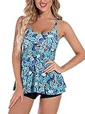 ropa de baño tankini 💐Estilo: sexy cuello en V, sujetador con relleno sin aros, tirantes ajustables. Falda de tirantes con top sin mangas a juego con un pantalón corto elástico alto. El traje de baño de talla grande favorece tus curvas y es cómodo de llevar.