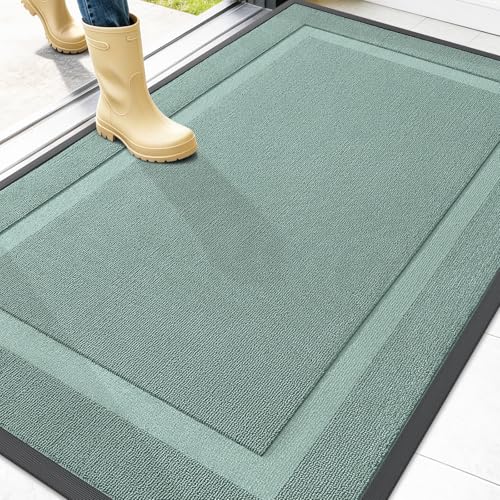 Image of OLANLY Front Door Mat Indoor Outdoor Entrance, Waterproof All-Season, All-Weather Doormat, Sturdy Natural Rubber, Low Profile, Easy Clean Patio Porch Entryway Mat, 47x32, Grayish Green