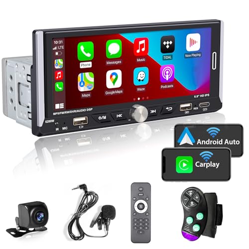 [Wireless] Alondy Single Din Car Stereo with Backup Camera, Compatible with Wireless/Wire Apple CarPlay Android Auto 6.9" Touchscreen Bluetooth AM/FM Radio Type-C USB