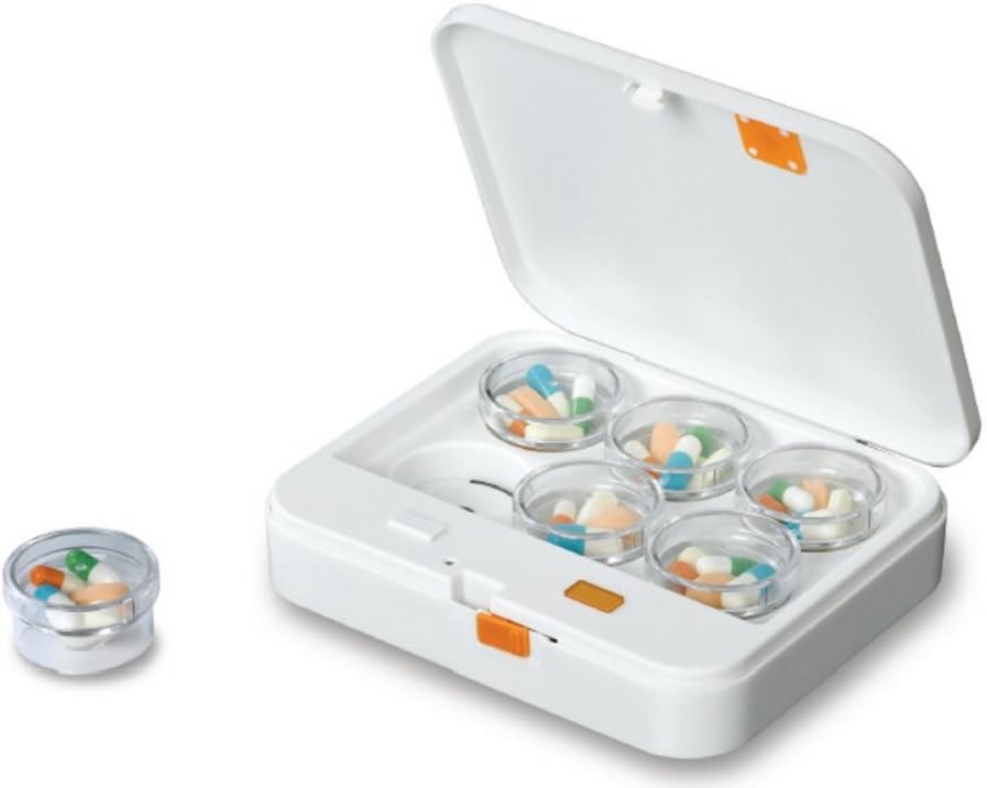 iEZ Wireless Bluetooth Smart Pill Reminder Box Organizer Storage System with 6 Removable Grid, APP Monitor and Memory on Smart Phone, Reminders of Buzz, Vibration, Flashing Light and Safety Lock