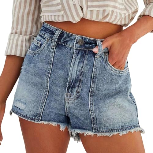 Shorts Vaqueros de Cintura Alta para Mujer, Desgastados, elásticos, Rotos, Ideales para el Verano, Estilo Deportivo, Color Azul Oscuro, Talla Grande.