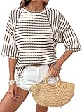 Dokotoo Oversized Tshirts for Women Short Sleeve Color Block Striped Spring Summer Tops Crewneck Business Casual Cute Going Out Easter Ladies Blouses Lightweight Soft Fashion T Shirts Brown Large