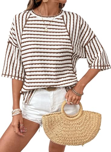 Dokotoo Oversized Tshirts for Women Short Sleeve Color Block Striped Spring Summer Tops Crewneck Business Casual Cute Going Out Easter Ladies Blouses Lightweight Soft Fashion T Shirts Brown Large