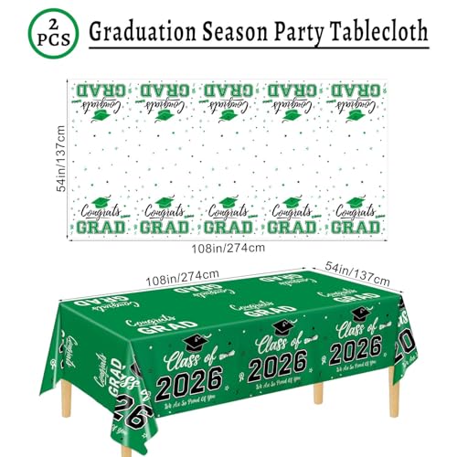 Image of Oigco 2026 Graduation Decorations, 2 Pack Green Graduation Tablecloths Class of 2026, Congrats Grad Plastic Tablecloths for Graduation Party Decorations, 54 x 108 Inch