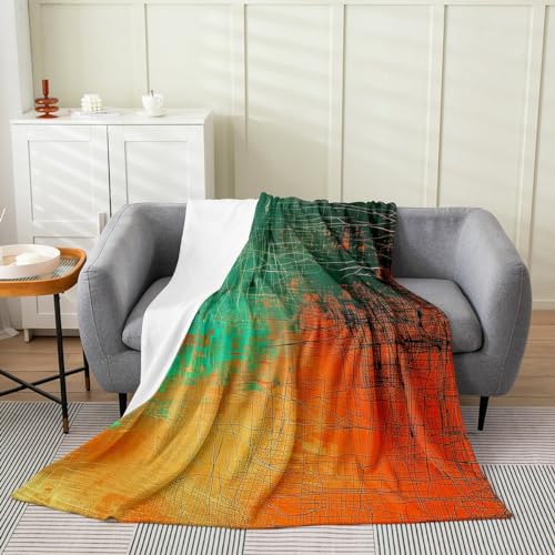 Image of Grunge Abstract Art Bed Throw Blanket Kids Teal and Orange Messy Rust Painting Fleece Throw Blanket Modern Vintage Retro Fuzzy Blanket Breathable Flannel Plush Blanket Room Decor Throw 50 inchx60 inch
