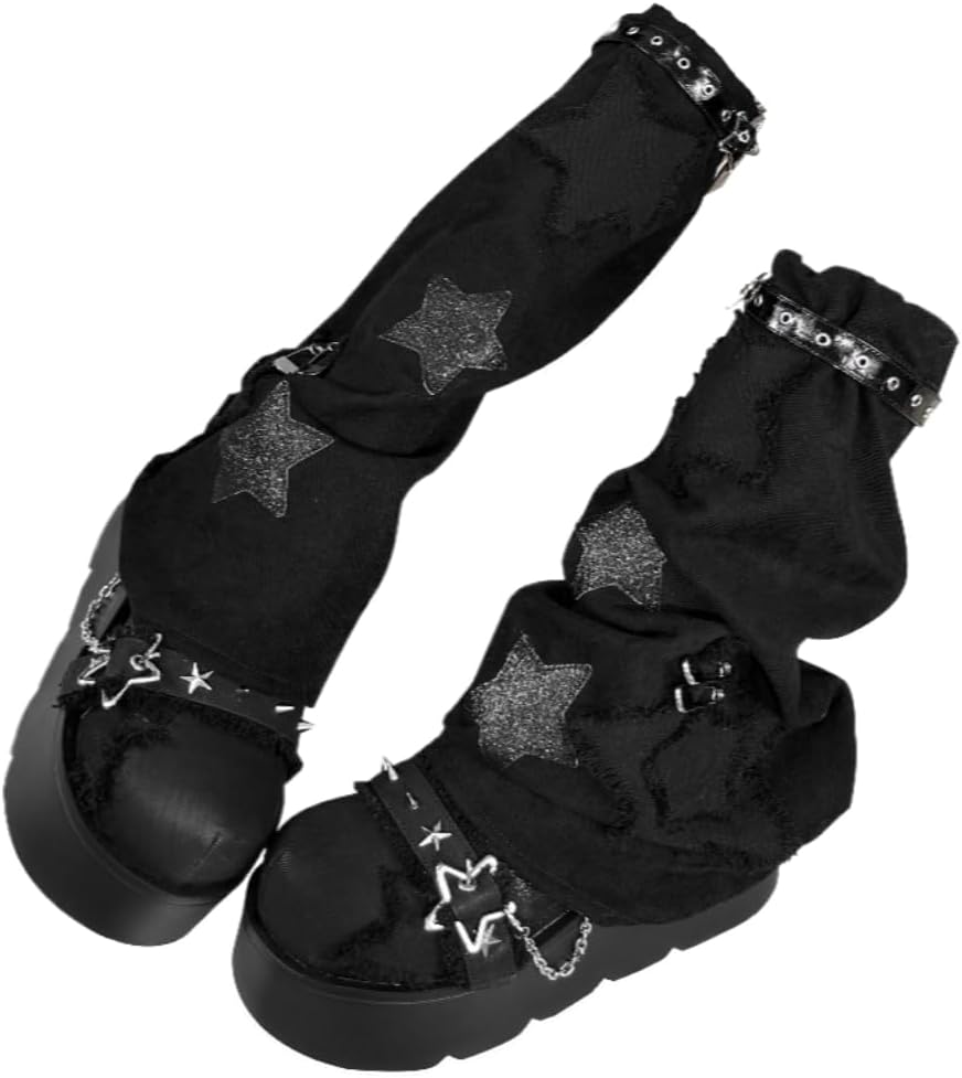 Cute Goth Star Shoes for Women with 2 Charms Chunky Platform Lace-up Thick Soles Round Toe Shoes Kawaii Punk Y2K Aesthetic Lolita Trendy Gifts for Girls with Accessories Including Chains and Stars