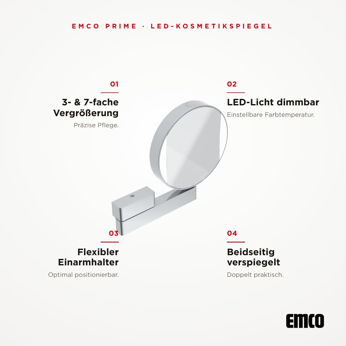 Emco Universal LED Kosmetik- und Rasierspiegel am Flexarm, runder Kosmetikspiegel mit Beleuchtung zur Wandmontage, Vergrößerungsspiegel (3-/7-fach) mit Einstellbarer Farbtemperatur, Chrom