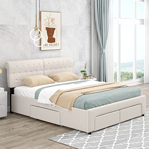 Meritline Upholstered Queen Size Platform Bed Frame With 4 Storage Drawers And Button Tufted Headboard, Wood Queen Bed For Kids Teens Adults, No Box Spring Needed (Linen Fabric, Beige) #TOP2