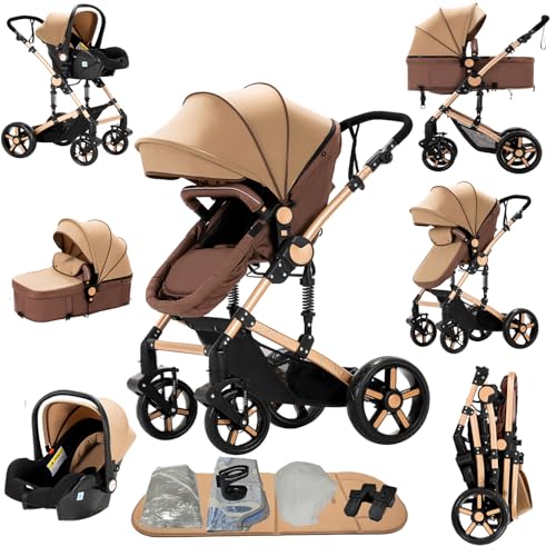 Aveainelle Carrinho de bebé 3 em 1, Carrinho de Viagem Reclinável e Reversivel, Carrinho de 3 Peças Dobrável com Um Só Clique, Carrinho com Acessórios Completos e Freios Duplos (588 Cáqui)
