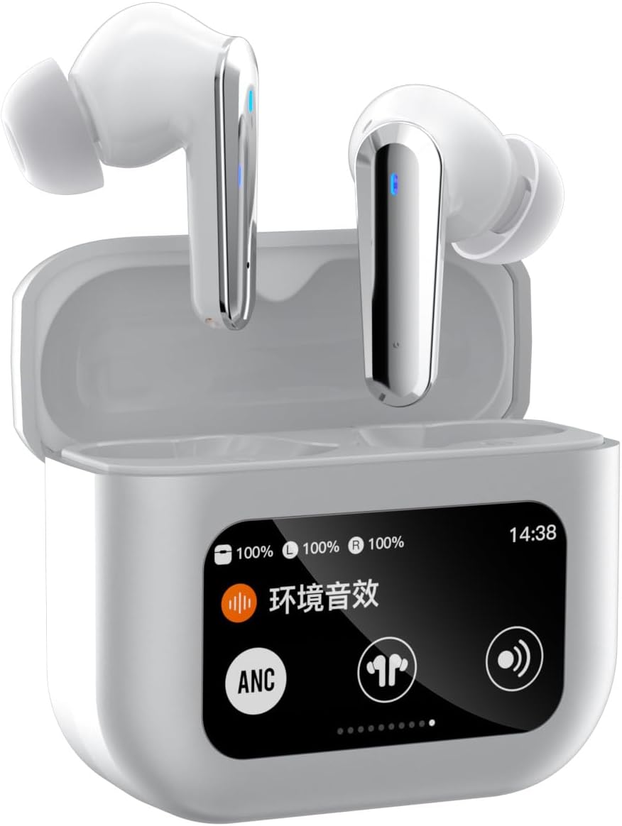 Wireless Earbud Buds with LCD Touch Screen- True Noise Cancelling Earphones - Built-in Microphone, IPX5 Rating Waterproof and sweatproof Headset, Sports Headphones Bluetooth 5.4 - White