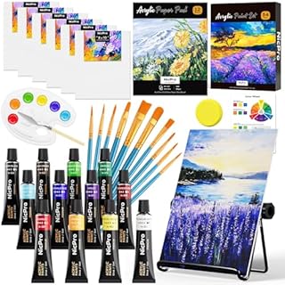 Nicpro Kids Paint Set, 34PCS Painting Supplies Kit Non Toxic,12 Colors Acrylic Paint, Table Easel, 6 Canvas Panels, 10 Brushes, Paper Pad, Sponge, Color Wheel, Palette for Adult Toddlers Beginner