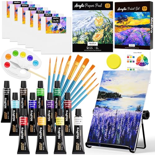 Nicpro Kit de peinture, 34 pièces non toxiques, 12 couleurs de peinture acrylique, chevalet de...