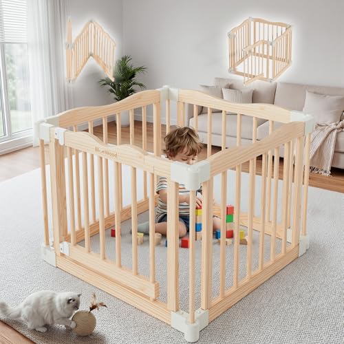 Image of Foldable Wooden Playpen - Adjustable Wood Baby Play Yard with Door, Indoor Large Safety Fence for Babies and Toddlers - Easy Assembly, Natural, 30 x 30 x 24 inches