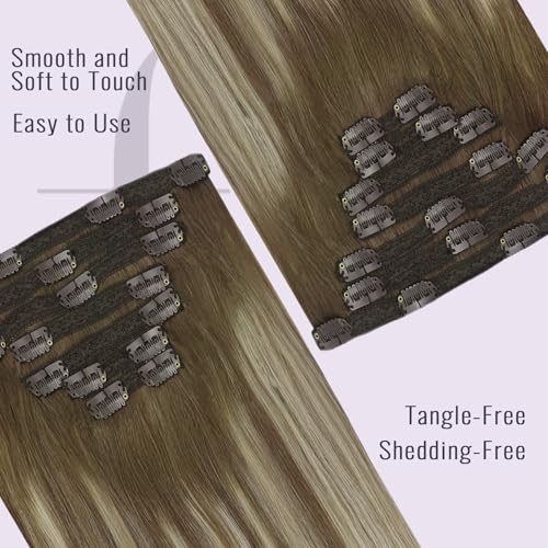 Fshine Clip In Real Hair Extensions, 16 IN, 7 Pieces, 120 g, Balayage Brown to Platinum Blonde, TangleFree, Colour 6 60 6 - Image 3