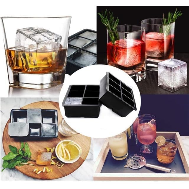 Image of 1PECK Large Ice Cube Tray for Whiskey, 6 Grid Big Silicone Square Ice Cube Mold with Removable Lid, Huge Square Ice Cubed Tray for Whisky and Cocktail (Black)