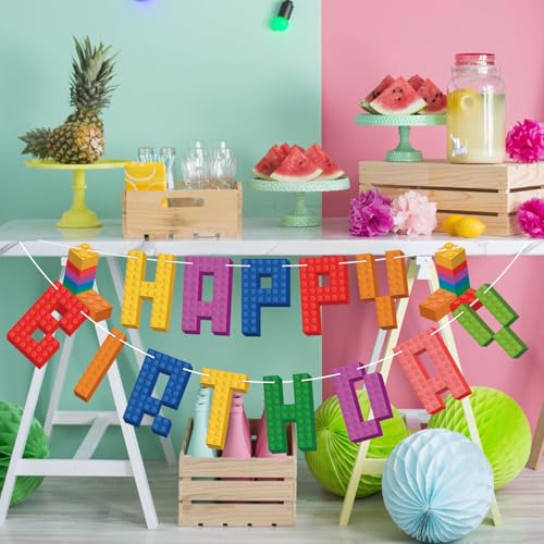 Image of Hooqict Building Block Happy Birthday Banner Building Block Birthday Party Decorations Building Bricks Garland Party Banner Blocks Theme Birthday Party Supplies for Boys Girls