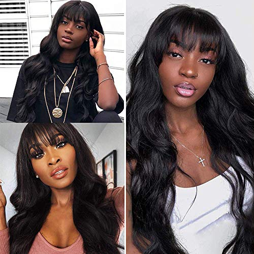 Body Wave Wigs With Bangs 100% Brazilian None Lace Front Wigs 150% Density Full Machine Made Long Wavy Human Hair Wigs Natural Black (18inch)