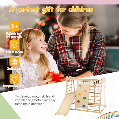 Image of 8-in-1 Wooden Indoor Jungle Gym for Toddlers, Montessori Climbing Playset with Slide, Swing, Climbing Net, Rings, Monkey Bars - Indoor Playground for Kids Ages 3-8