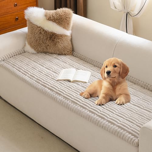 MYSKY HOME Couch Covers for 3-4 Cushion Sofa Pet Friendly, Couch Cover for Dogs, Sofa Covers for Pets Washable, Soft Non-Slip Sofa Slipcovers Furniture Protector Covers, Oatmeal, 27.6' x 82.7'