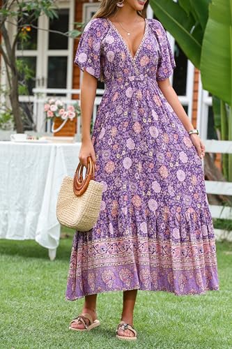 Image of R.Vivimos Women's Summer V Neck Maxi Dress Boho Floral Print Short Sleeve Elastic Waist Ruffle Patchwork A-Line Beach Dress