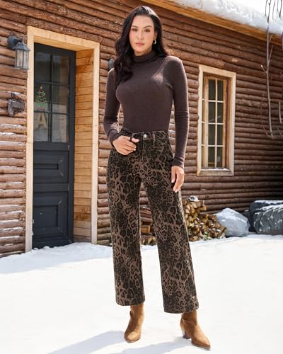 luvamia Wide Leg Jeans Woman Trendy High Waisted Leopard Cheetah Print Ankle Length Stretchy Denim Pants with Pockets