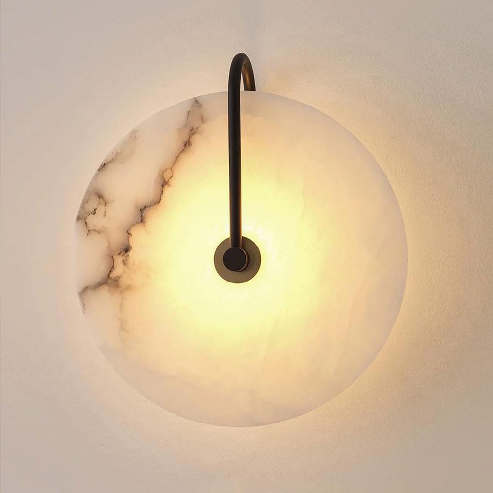 JISHUBO 9.8 Inch Round Alabaster Wall Light, French Minimalist Style Wall Lamp, LED Warm Light Hardwired Wall Sconce, Restaurant Living Room Bedroom Wall Mounted Light Fixtures