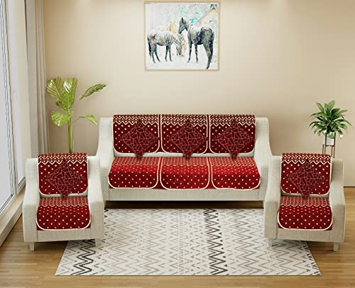Image of Premium 5 Seater Printed Sofa Cover Set 3,1,1 Seater 10 Pieces Sofa Back Slip Panels, Protector for Single Seater (Maroon, 3+1+1 with Cushion Covers)