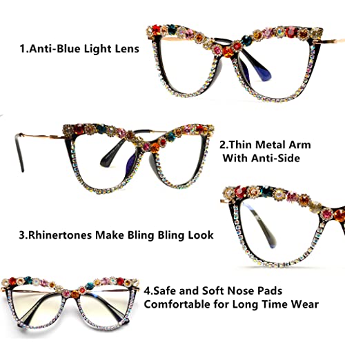 Image of Cat Eye Bling Colorful Rhinestone Reading Glasses For Women Blue Light Blocking Computer Eyewear (A diamond, 3.0)