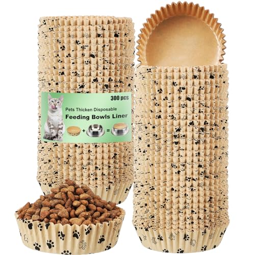Hushee 300 Pcs Pet Disposable Feeding Bowls Liner Bulk Cat Food Bowls Small Paper Liner for Small Dogs Cats Dish Wet Food Feeding Station 4 x 1.2 Inch(Khaki Brown Paw)