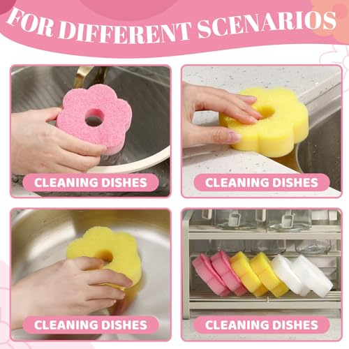 Image of Tioncy 12 Pack Pink Flowers Sponges Bulk Spring Kitchen Decor Dual Sided Scrubber Sponges Dishwashing Kitchen Cleaning Accessories for Household Supplies