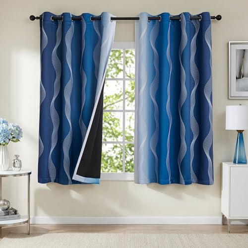Image of MYSKY HOME Navy Blue and Greyish White 95% Blackout Gradient Curtains with Geometric Pattern for Boys Bedroom 72 Inches Long 2 Panels Set Full Room Darkening Grommet Ombre Drapes,52 inch W Each Panel