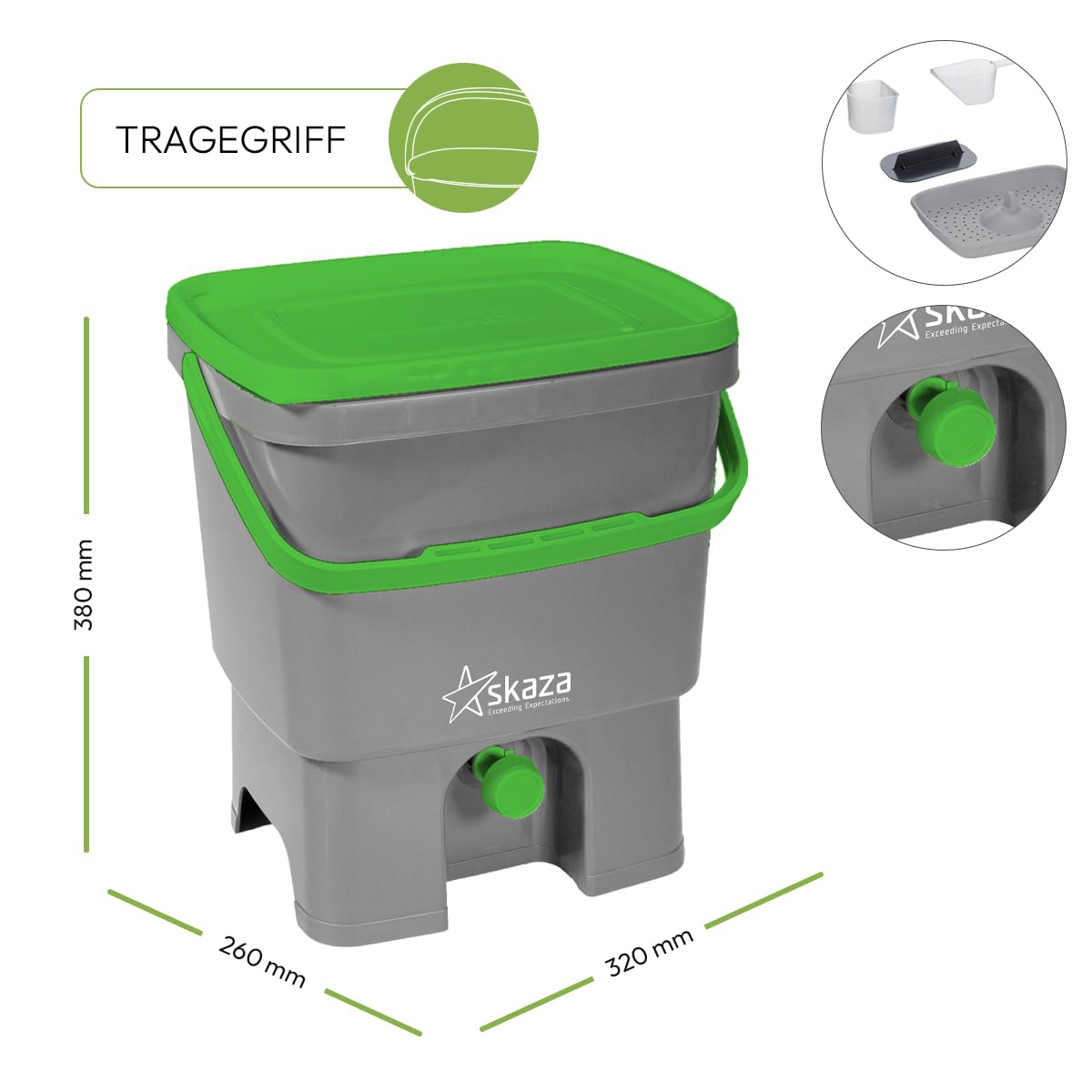 Skaza Bokashi Organko Biomülleimer Küche Set (2 x 16 Liter) – Komposteimer Küche und Garten – mit 1 Kg EM Fermentieren Aktivator (Grau-Grün)