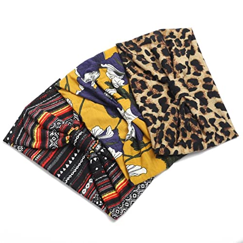 Boho Headbands for Women Wide Knotted Headband Fashion No Slip Workout Yoga Head Bands Thick Cotton bandana Stretch Leopard Head Wrap Bohemian Hair Accessories for Women and Girls 3 Packs