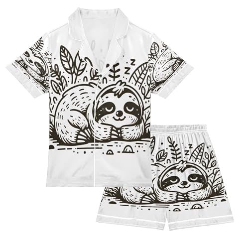 senya Pajama Sets Silky Button Down Nightwear Sleepwear Size 5-14 Years Hand Drawn Sloth Sleeps