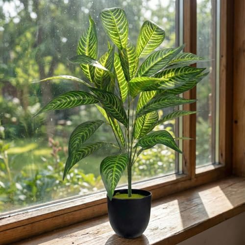 Image of Dekorly Artificial Plant Leaves Tropical Monstera Large Artificial Plants Fake Zebra Leaf Plastic Palm Tree Branch for Home Garden Decor | 26 Leaves (WithPot-Green-D, Height : 76CM)