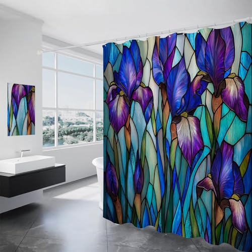Rideau de douche imperméable et lavable motif iris en polyester - 3