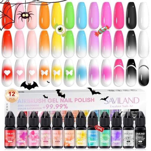 Saviland Airbrush Gel Farben Nagellack Set: 12 Farben airbrush set,Frühlings & Sommerkollektion für Nail Art Design Aufkleber französische Maniküre,15ml Airbrush Nagellack Langlebig Soak Off Nails Set