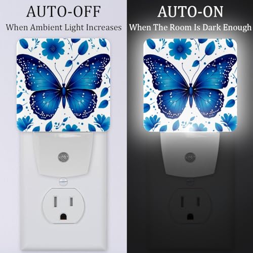 Image of NEWzone Blue Butterfly and Flower Night Light [2 Pack], Plug in Wall Led Night Lights Decor for Boys Girls Room, Dusk to Dawn Sensor Wall Lamp for Stairway /Bedroom /Kitchen /Nursery Room