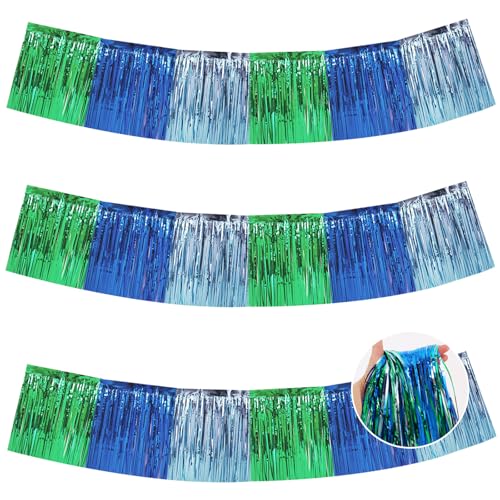 Image of BEISHIDA 3 Packs Metallic Foil Fringe Garland Blue Green Wall Hanging Tinsel Fringe Banners for Car Floats Bridal Shower Wedding Birthday Easter Graduation Holiday Party Decoration(30 Feet)