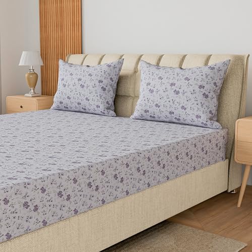 Image of LINENWALAS 100% Cotton Flat Bed Sheet for Super King Size Bed | Super Soft, Breathable, Oeko-TEX Certified 300 TC | Premium Hotel Floral Bedsheet with 2 Pillow Cover (108x120 Inches, Lavender Haze)