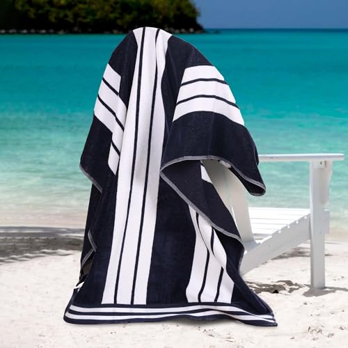 Superior Oversized Cotton Beach Towel Set of 6, Absorbent Towels for Bathroom, Pool, Swim, Adults, Kids, Vacation, Travel, Bath Sheet, Quick Dry Basics, Trip Essentials, Striped Decor, Blue