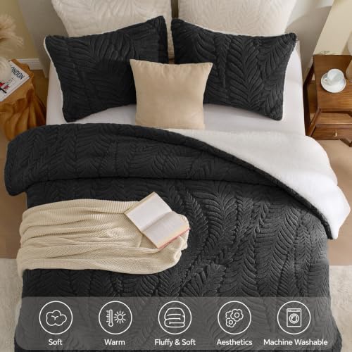 Image of BEDELITE Fluffy Sherpa King Comforter Set,Leaf-Black