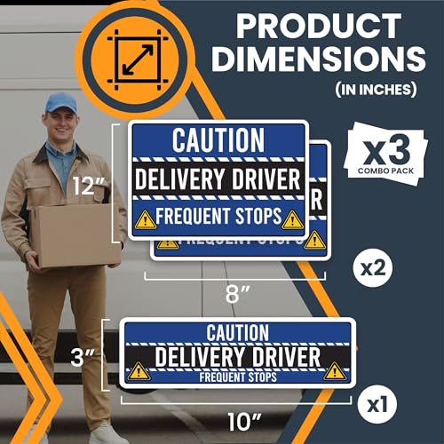 Image of Magnet Me Up Caution Frequent Stops Delivery Driver Automotive Magnet Decal, 3 Pack, Blue /Black, Two 8x12 inch and One 3x10 inch, Automotive Magnet for Car, Flex Delivery Driver, Crafted in USA