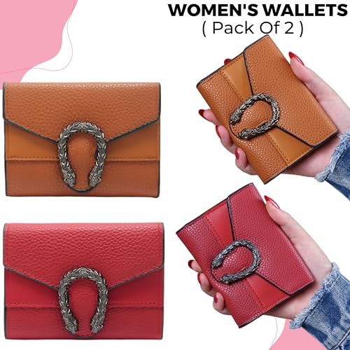 Image of Kraptick Women s Wallet Stylish Compact Purse Clutch with Card & Coin Holder Debit Card Organizer, Travel Wallet & Money Organizer for Women with 8 Card Slots (Brown & Red) (Combo of 2)