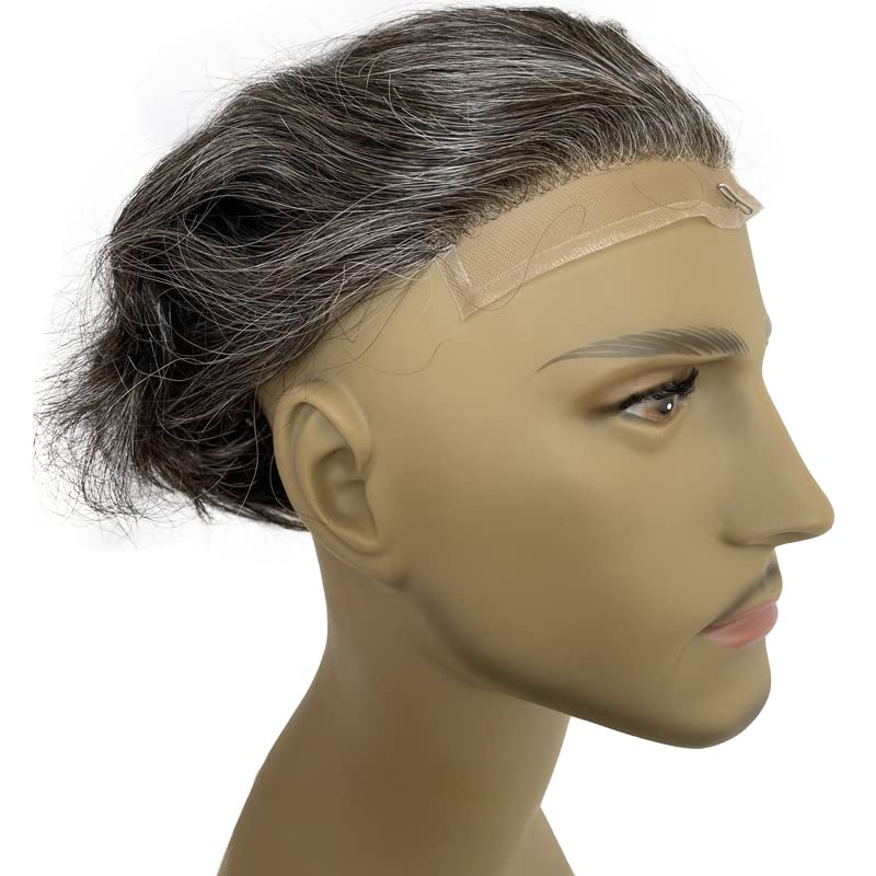Miniatura 3 de Peluca de cabello humano tipo tupé de repuesto para hombre, con encaje frontal suizo, parte superior con base de encaje y poliuretano alrededor de