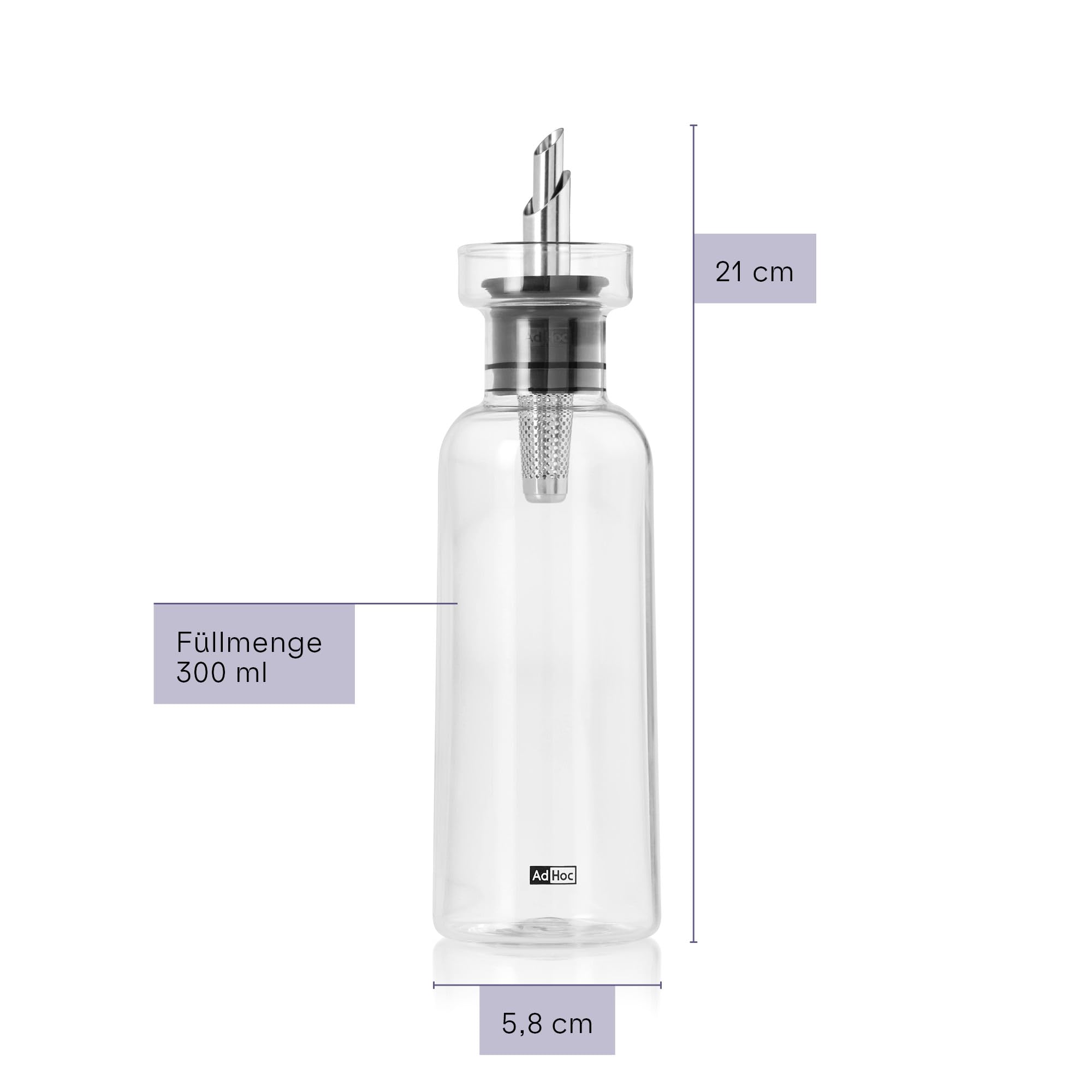 AdHoc AromaPour Ölflasche und Essigspender mit passendem Holz Untersetzer | Mit PreciseFlow Ausgießer aus Edelstahl für tropffreies Dosieren, Premium Geschenkset aus 2x 300ml Glasspender und Tablett