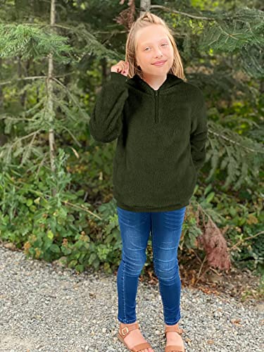 Ofenbuy Kids Girl's Fuzzy Hoodies Zipper Warm Loose Sherpa Hooded Sweatshirt Pullover With Pockets Army Green #TOP4