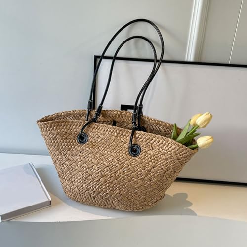 Khaki Stylish Woven Beach Bag, Straw Shoulder Bag, Large Capacity for Outdoor Shopping4