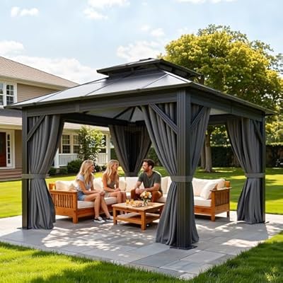 YITAHOME 10x10FT Gazebo Polycarbonate Hardtop Double Roof Canopy Outdoor with Netting and Shaded Curtains, Metal Frame Garden Tent for Patio, Backyard, Deck and Lawns, Grey