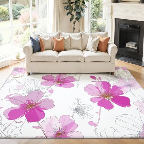 Alfombra Salon 90 x 150 cm Antideslizante Alfombras Lavables en Lavadora Habitacion Dormitorio Dibujo Lineal Floral Fresco Comedor Modernas Tapete Quarto Pelo Corto Rosa